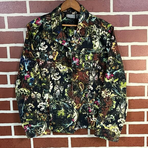 Additions By Chicos Size 2 Large All over Floral Print Denim Jean Jacket NWT - Picture 1 of 6